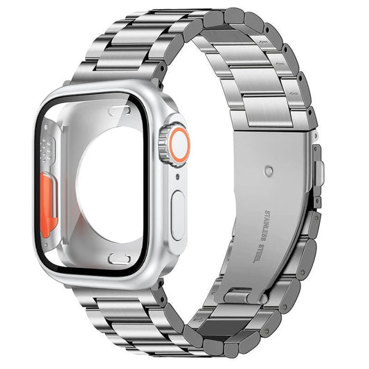 Three-Bead Stainless Steel Strap + Full-Cover Case - Silver