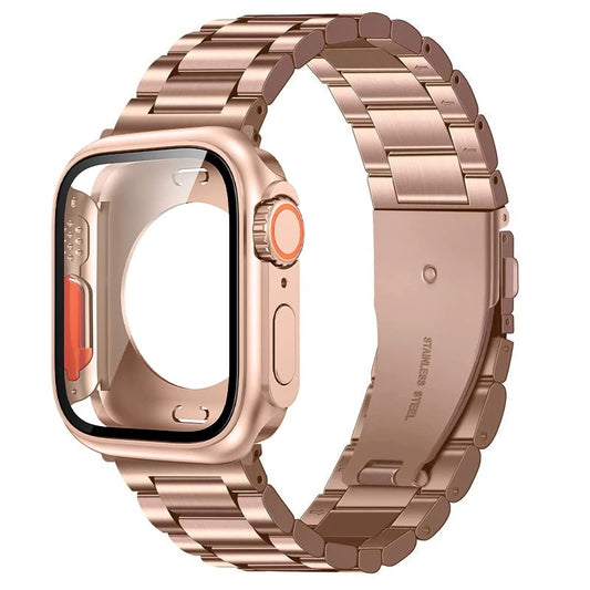 Three-Bead Stainless Steel Strap + Full-Cover Case - Rose Gold