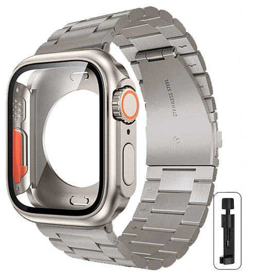 Three-Bead Stainless Steel Strap + Full-Cover Case - Titanium