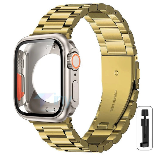 Three-Bead Stainless Steel Strap + Full-Cover Case - Titanium Gold